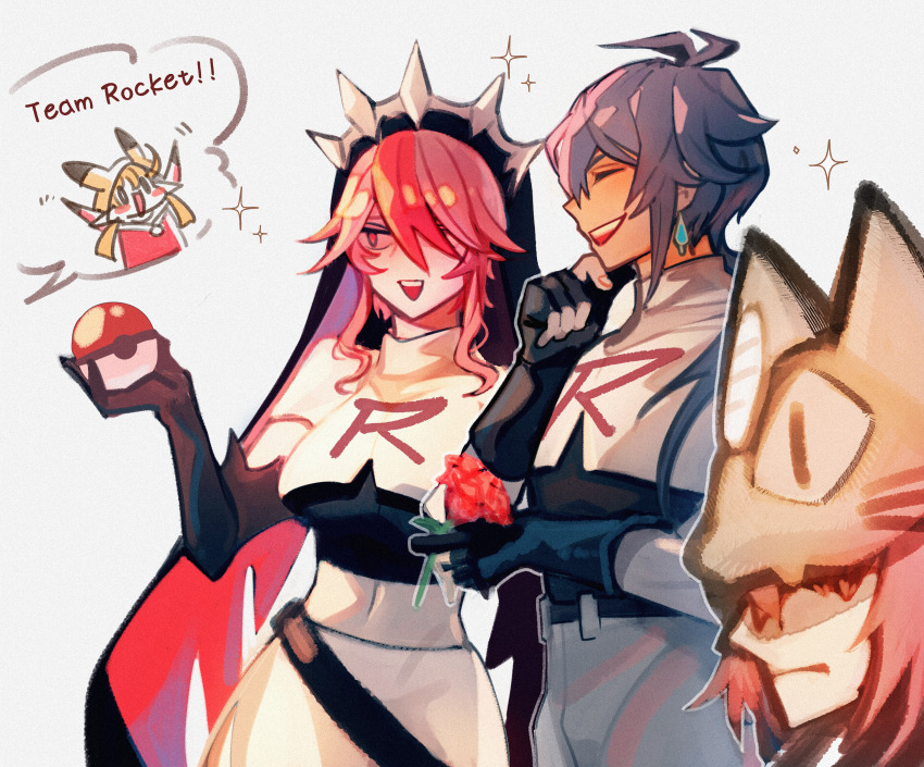 2boys, 2girls, absurdres, alternate_costume, black_hair, commentary, cosplay, diluc_(genshin_impact), english_text, enpitsu01, eyepatch, fingerless_gloves, flower, gen_1_pokemon, genshin_impact, gloves, highres, holding, huge_filesize, james_(pokemon), james_(pokemon)_(cosplay), jessie_(pokemon), jessie_(pokemon)_(cosplay), kaeya_(genshin_impact), klee_(genshin_impact), meowth, meowth_(cosplay), midriff, multiple_boys, multiple_girls, navel, nintendo, nun, nun_headdress, pikachu, pikachu_(cosplay), poke_ball, pokemon, pokemon_(anime), red_flower, red_hair, red_rose, rosaria_(genshin_impact), rose, spoken_character, team_rocket