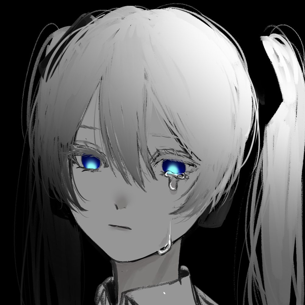 1girl, bad_id, bad_twitter_id, black_background, blue_eyes, close-up, commentary, crying, crying_with_eyes_open, glowing, glowing_eyes, greyscale, hair_ornament, hatsune_miku, kokutogeroama, long_hair, monochrome, solo, spot_color, tears, twintails, vocaloid