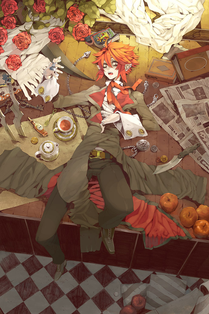 1boy, apple, belt, book, coat, coin, cup, earrings, flower, food, formal_clothes, fruit, hair_between_eyes, jewelry, key, knife, kukicha, lying, male_focus, necktie, newspaper, original, pocket_watch, pointy_ears, red_hair, ring, rose, short_hair, solo, tea, teacup, teapot, trench_coat, watch, weapon