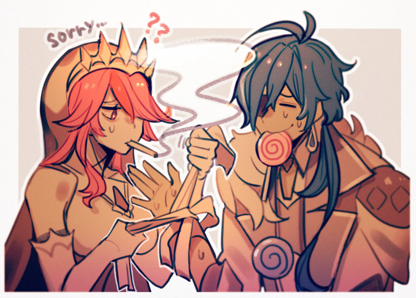 1boy, 1girl, bandages, candy, cigarette, commentary, elbow_gloves, enpitsu01