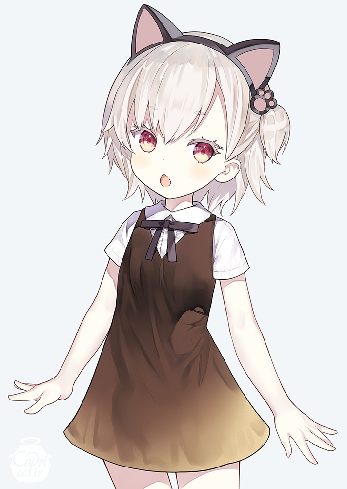 1girl, animal_ears, black_bow, black_hairband, bow, brown_dress, capriccio, cat_ears