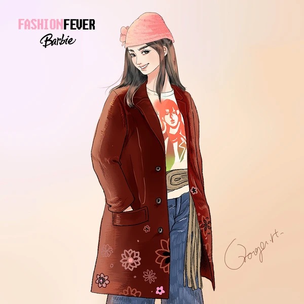 1girl, barbie_(franchise), beanie, belt, brown_belt, brown_eyes, brown_hair, caption, coat, copyright_name, denim, doll, fashion, fashion_fever_barbie_(toyline), floral_print, flower_as_hat, fringe_belt, hands_in_pockets, hat, head_tilt, hippie, jeans, knit_hat, logo, looking_at_viewer, model, orange._h, pants, portrait, print_shirt, red_coat, shirt, simple_background, smile, solo, teresa_(barbie)