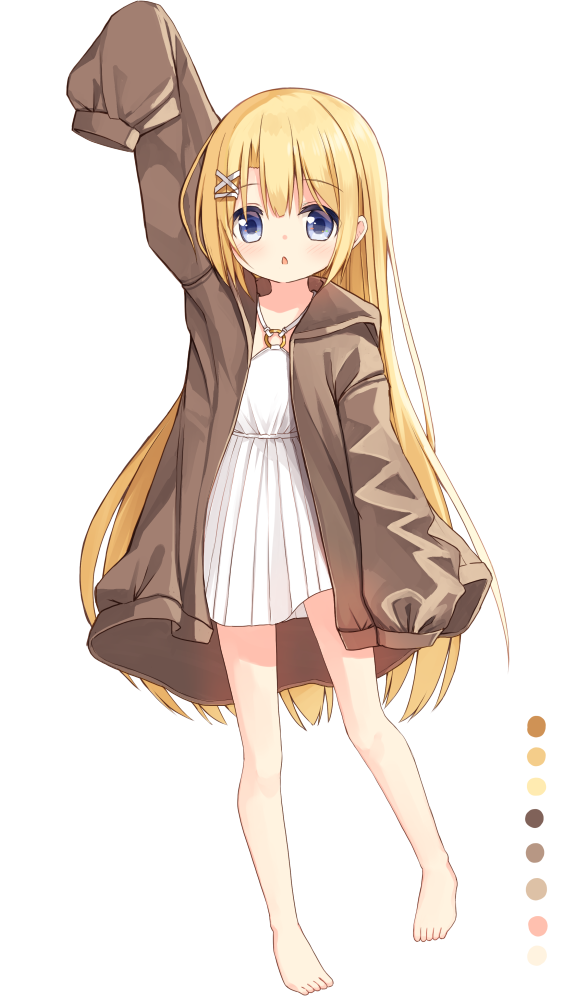 1girl, arm_up, barefoot, blonde_hair, blue_eyes, brown_jacket, color_guide, dress
