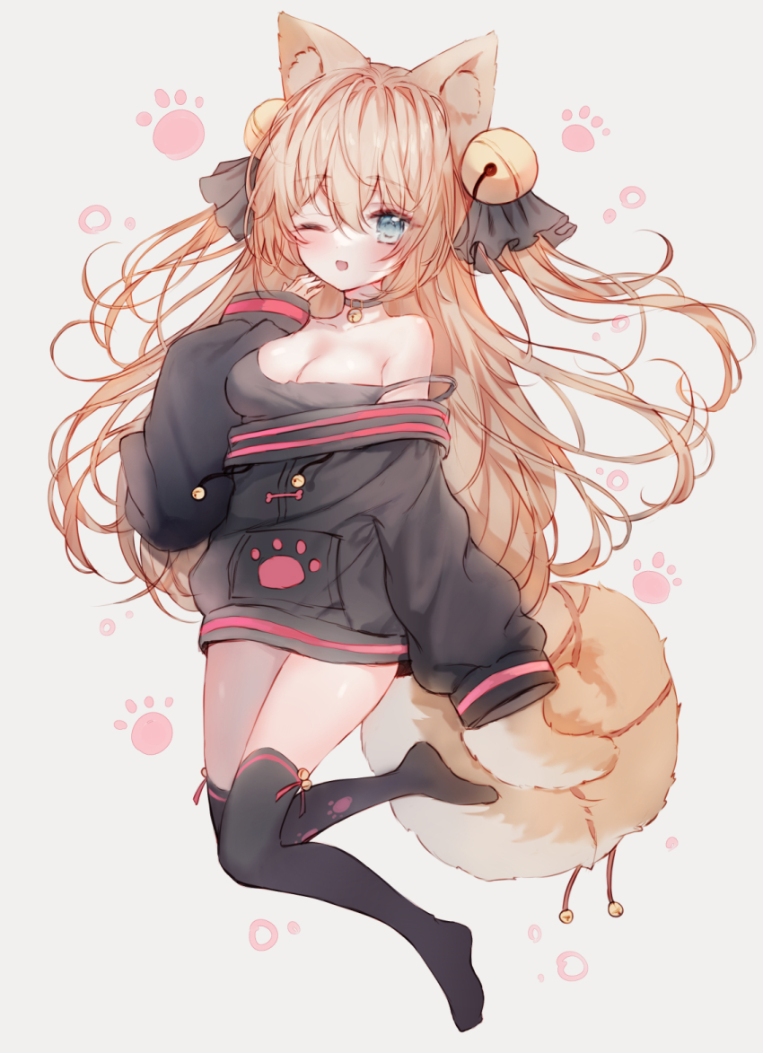 1girl, ;d, animal_ear_fluff, animal_ears, bare_shoulders, bell, black_choker, black_jacket