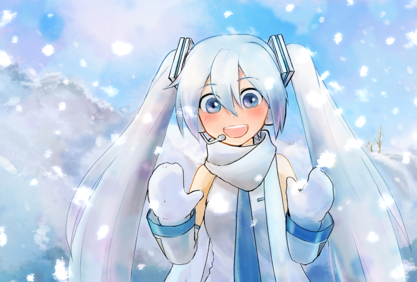 1girl, bare_shoulders, blue_eyes, blue_hair, blue_necktie, blush, commentary, day, detached_sleeves, hair_ornament, hands_up, hatsune_miku, headphones, headset, highres, jam_kl, light_blue_hair, long_hair, looking_at_viewer, mittens, necktie, open_mouth, outdoors, scarf, shirt, silver_sleeves, smile, snow, snowing, solo, twintails, upper_body, very_long_hair, vocaloid, white_mittens, white_scarf, white_shirt, winter, yuki_miku, yuki_miku_(2011)