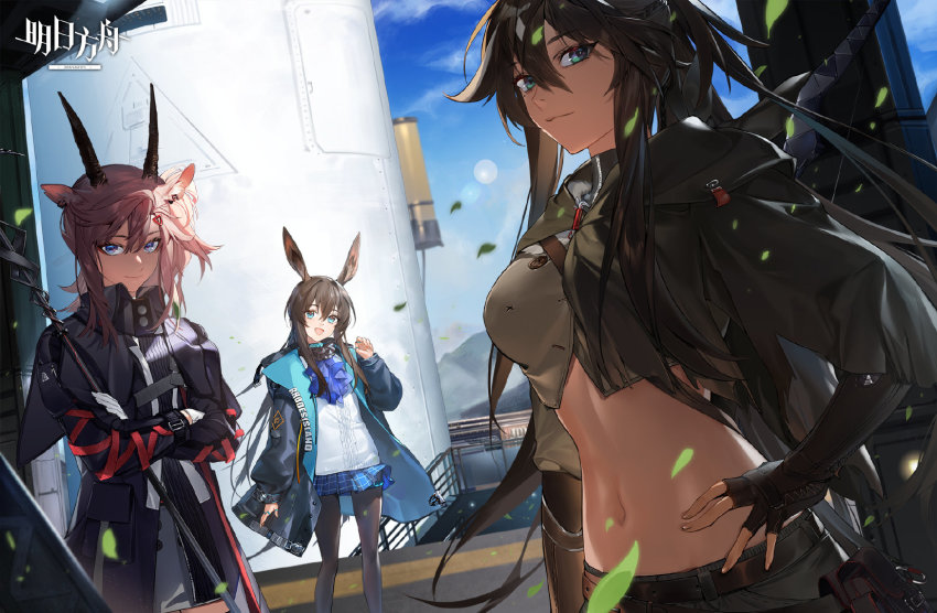 3girls, abs, amiya_(arknights), animal_ears, arknights, bag, belt, black_gloves