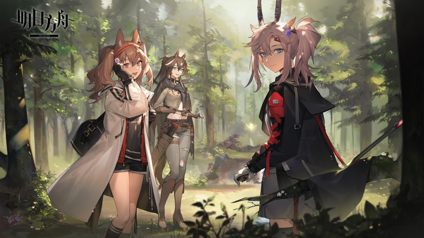 3girls, angelina_(arknights), animal_ears, arknights, bag, belt, black_gloves, black_hair