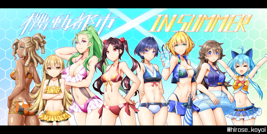 >_<, 6+girls, artist_name, bikini, blonde_hair, blue_eyes, blue_hair, breasts