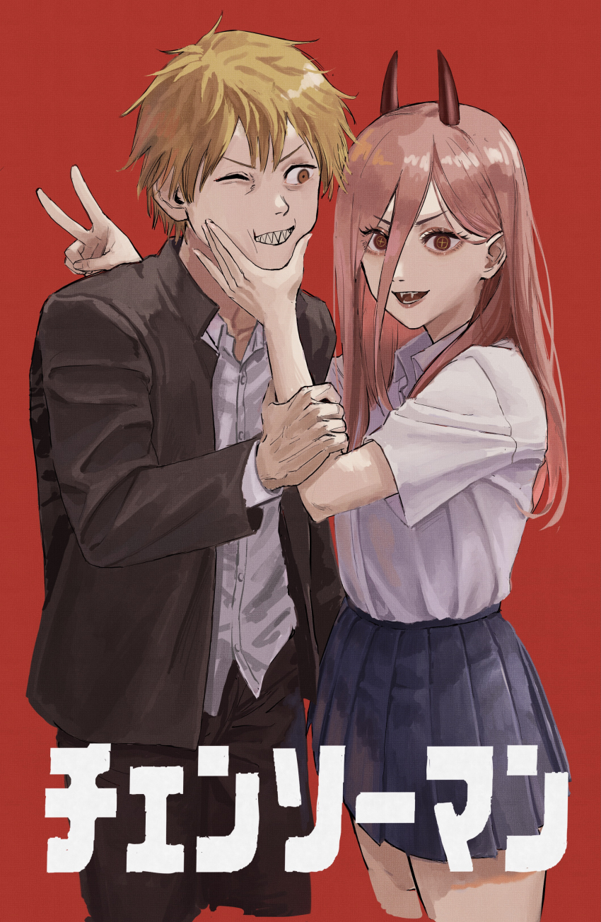 1boy, 1girl, absurdres, annoyed, black_jacket, black_pants, blonde_hair, chainsaw_man, collared_shirt, cowboy_shot, cross-shaped_pupils, denji_(chainsaw_man), dress_shirt, fangs, gakuran, hair_behind_ear, hair_between_eyes, hand_on_another's_arm, hand_on_another's_face, highres, holding_another's_arm, horns, jacket, long_hair, looking_at_another, looking_at_viewer, one_eye_closed, open_mouth, orange_eyes, pants, parted_lips, pink_hair, pityfumi, pleated_skirt, power_(chainsaw_man), red_background, red_eyes, school_uniform, sharp_teeth, shirt, shirt_tucked_in, short_hair, short_sleeves, simple_background, skirt, smile, standing, symbol-shaped_pupils, teeth, untucked_shirt, v, white_shirt