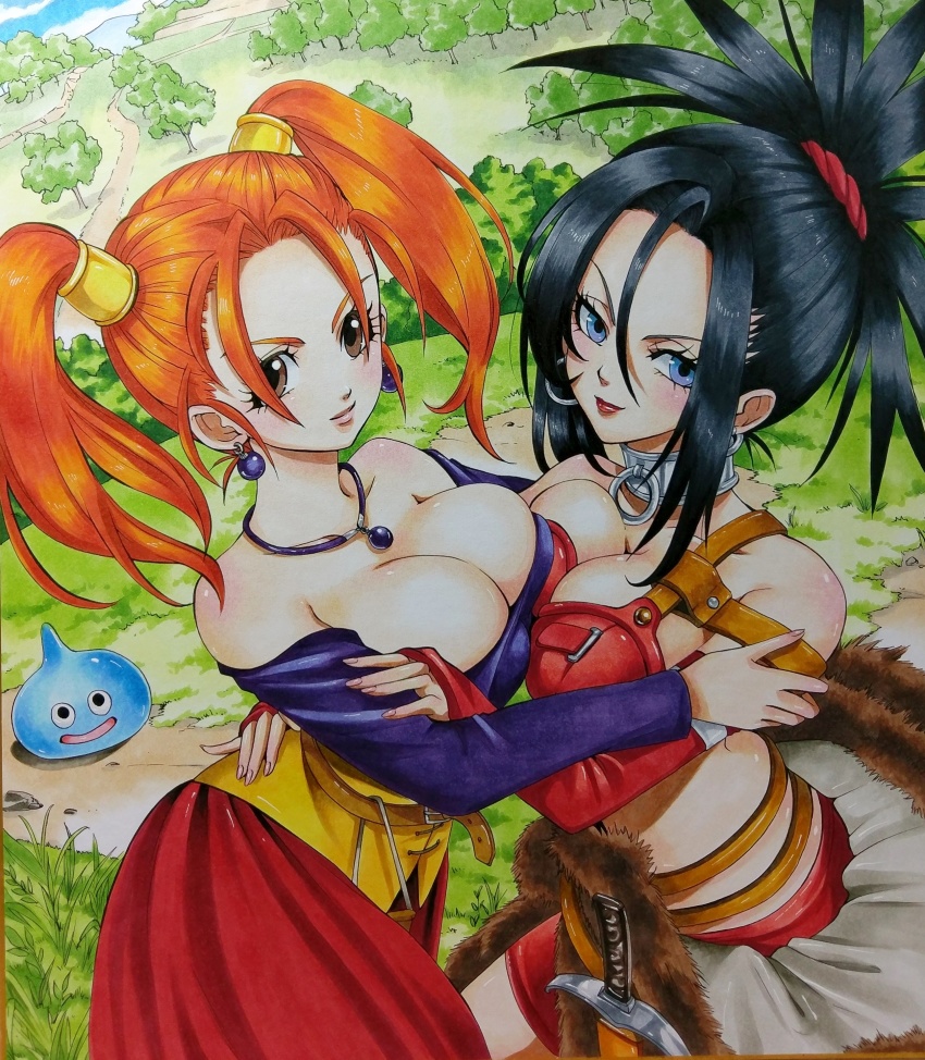 2girls, absurdres, bare_shoulders, black_hair, blue_eyes, breast_press, breasts, brown_eyes, cleavage, dragon_quest, dragon_quest_viii, earrings, highres, hmdark-9, hug, jessica_albert, jewelry, large_breasts, multiple_girls, off_shoulder, orange_hair, outdoors, red_(dq8), skirt, slime_(dragon_quest), tree, twintails