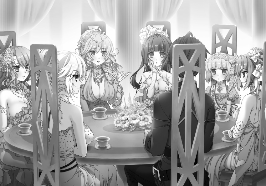 1boy, 6+girls, breasts, cleavage, eleonora_viltaria, elizaveta_fomina, highres, large_breasts