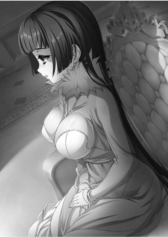 1girl, breasts, cleavage, greyscale, large_breasts, long_hair, madan_no_ou_to_vanadis, monochrome