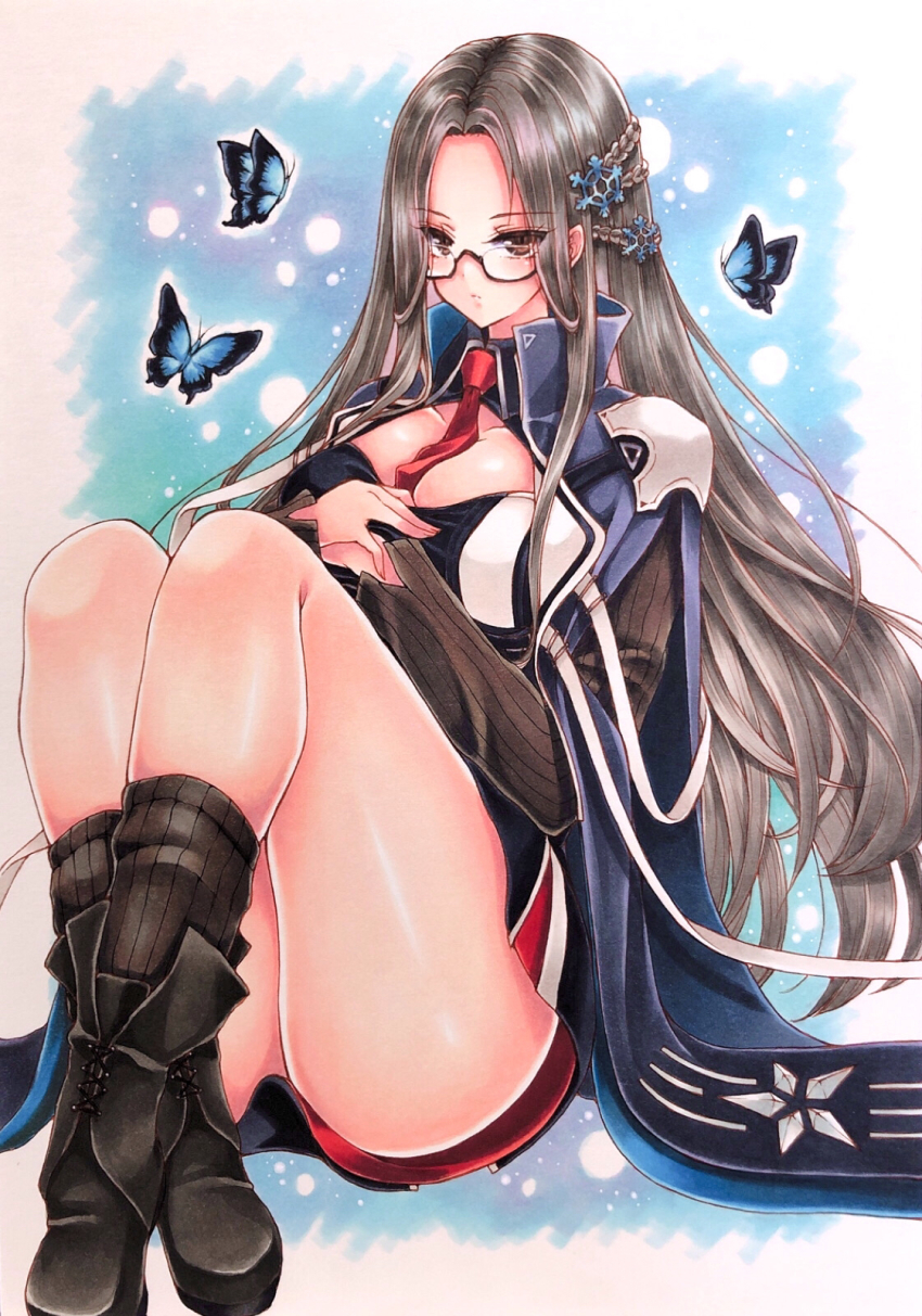 1girl, ass, azur_lane, black_boots, black_hair, black_socks, blue_butterfly, boots
