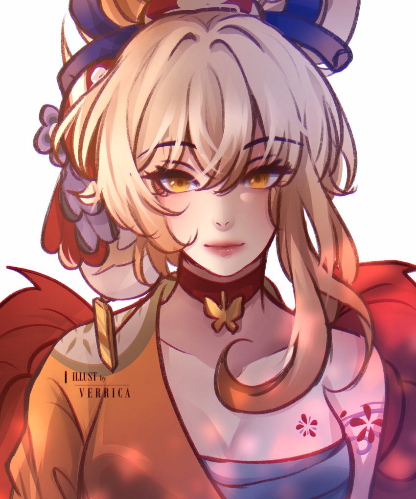 1girl, artist_name, blonde_hair, breasts, chest_tattoo, choker, collarbone, genshin_impact, hair_between_eyes, hair_ornament, highres, japanese_clothes, kimono, looking_at_viewer, open_clothes, orange_kimono, red_choker, shoulder_tattoo, solo, tassel, tattoo, verriica, yoimiya_(genshin_impact)