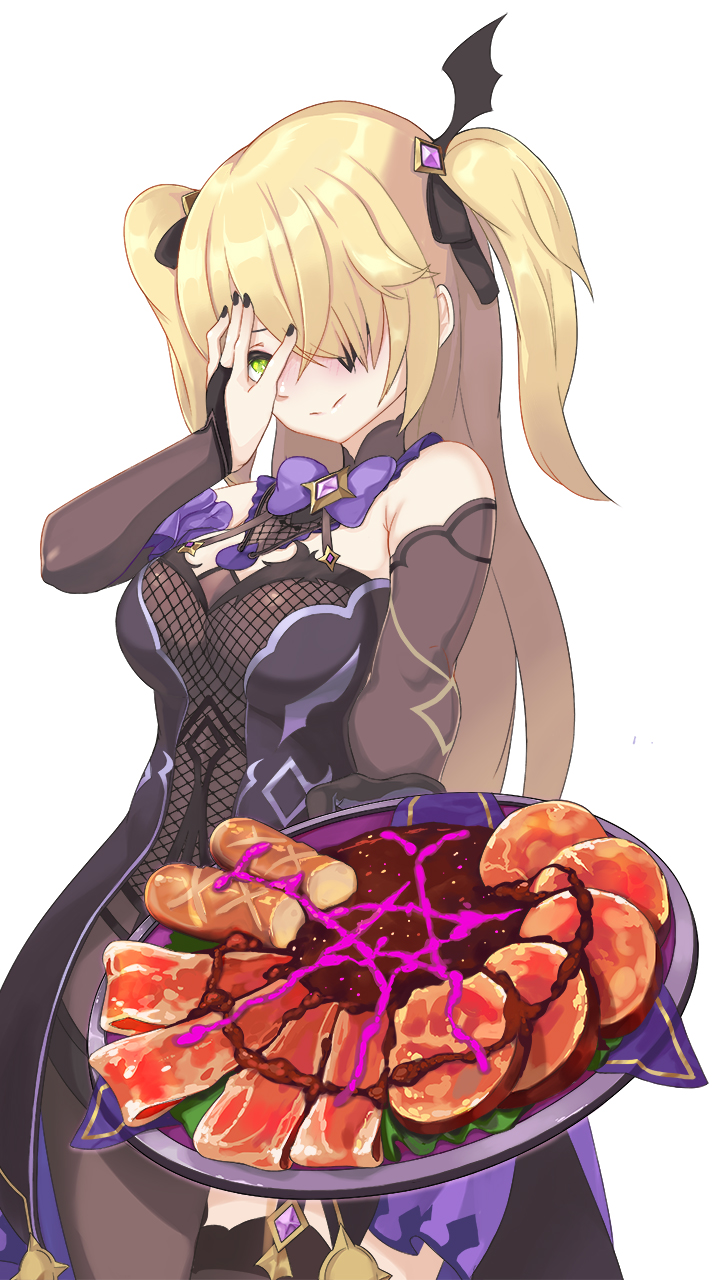 1girl, bare_shoulders, black_gloves, black_pantyhose, black_ribbon, black_thighhighs, blonde_hair, blush