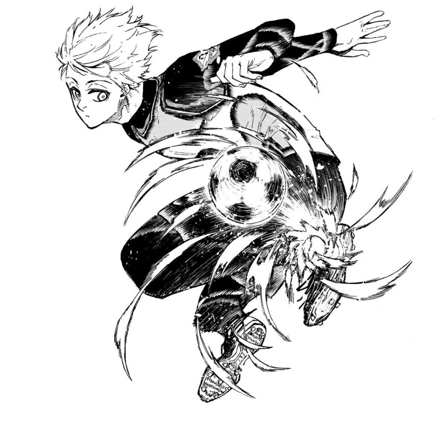 1boy, ball, blue_lock, long_sleeves, male_focus, monochrome, nagi_seishirou, nomura_yuusuke