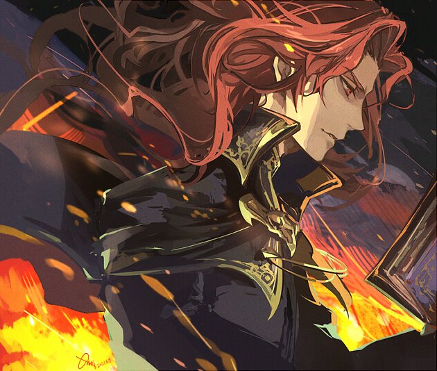 1boy, arvis_(fire_emblem), bad_id, bad_twitter_id, book, cape, fire, fire_emblem
