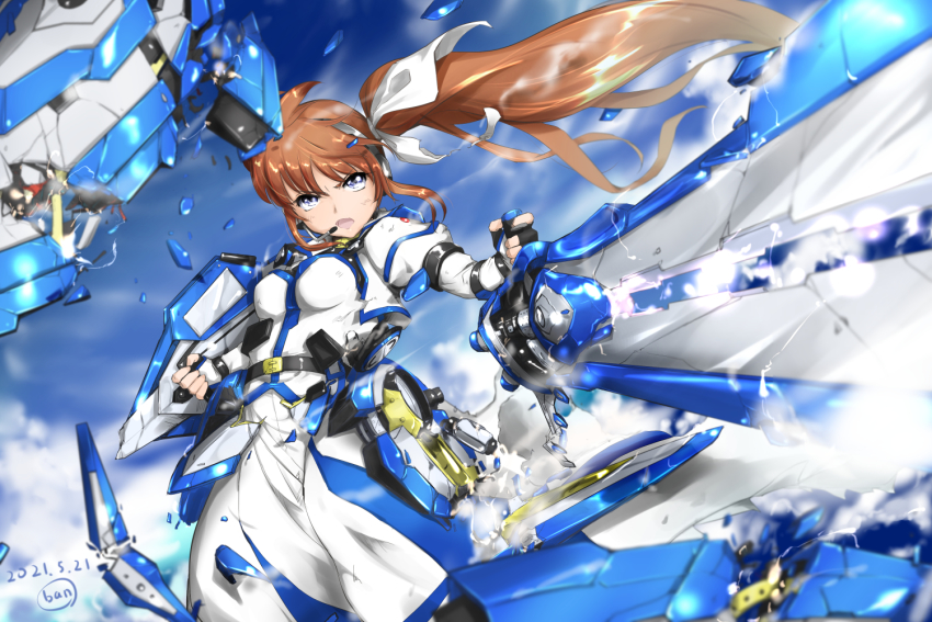1girl, ban_(777purin), blue_eyes, breasts, brown_hair, damaged, fortress_(nanoha), hair_ribbon