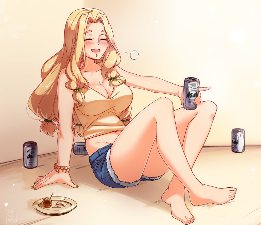 1girl, absurdres, ayanobro, bare_legs, beer_can, blonde_hair, blush, breasts, can, cleavage, cosplay, denim, denim_shorts, drink_can, drunk, face_piercing, fate/grand_order, fate_(series), food, happy, highres, katsuragi_misato, katsuragi_misato_(cosplay), labret_piercing, long_hair, neon_genesis_evangelion, piercing, quetzalcoatl_(fate), shorts, solo, takoyaki, tank_top