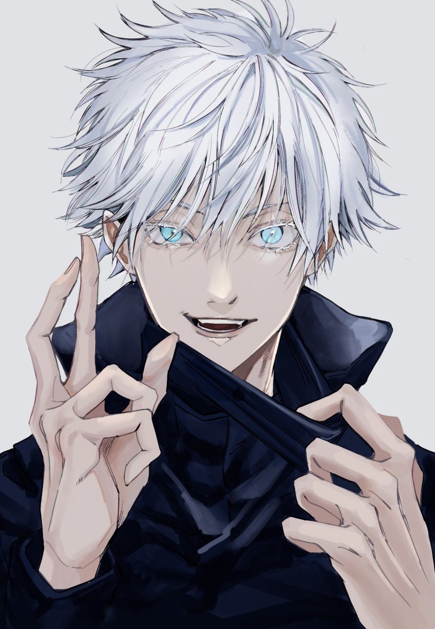 1boy, black_jacket, blue_eyes, colored_eyelashes, crossed_fingers, gojo_satoru, hair_between_eyes, hands_up