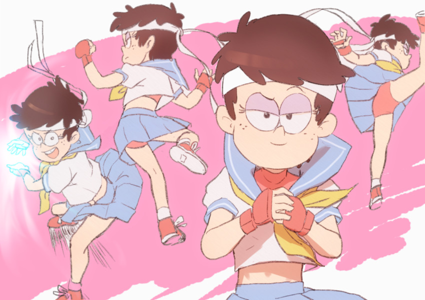 1girl, blouse, blue_sailor_collar, buruma, buruma_under_skirt, capcom, converse, cosplay