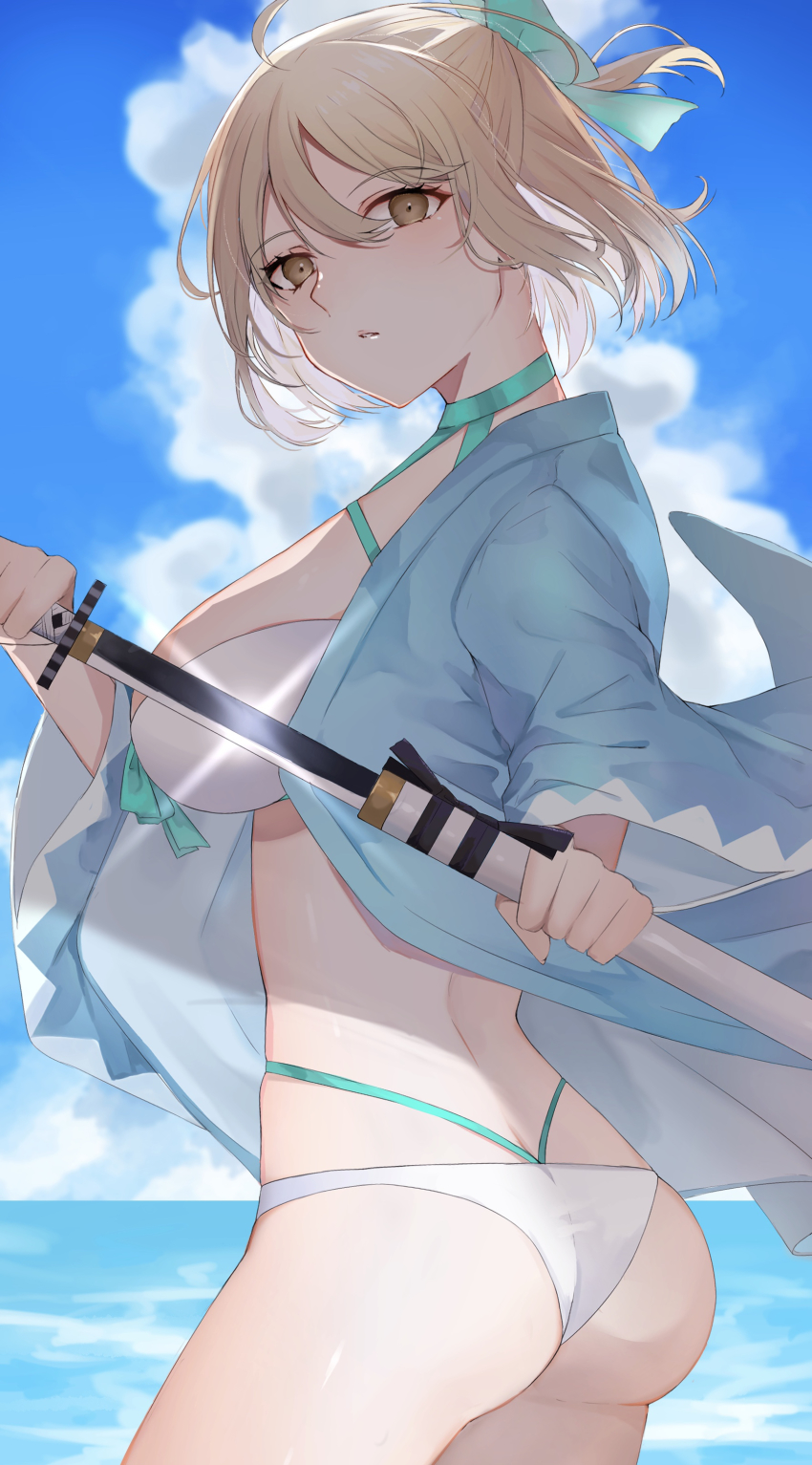 1girl, absurdres, bikini, blonde_hair, blue_sky, cloud, fate/grand_order, fate_(series)