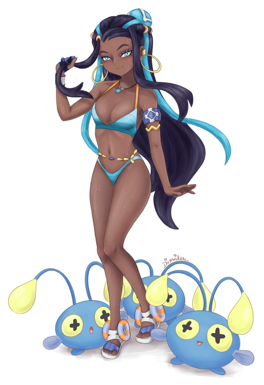 1girl, armband, bikini, black_hair, blue_eyes, chinchou, dark-skinned_female, dark_skin