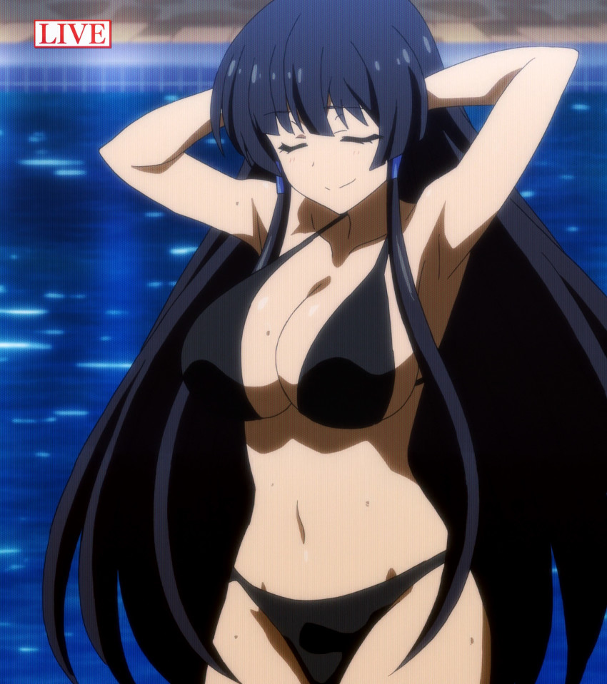 1girl, astaroth_(sentouin_haken_shimasu!), bikini, black_hair, breasts, cleavage, closed_eyes, highres, large_breasts, long_hair, navel, sentouin_hakenshimasu!, sideboob, smile, stitched, swimsuit, third-party_edit