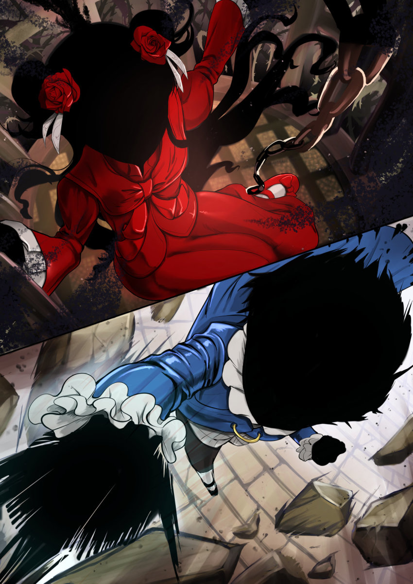 1boy, 1girl, asksj, black_hair, black_pants, black_skin, blue_coat, cage