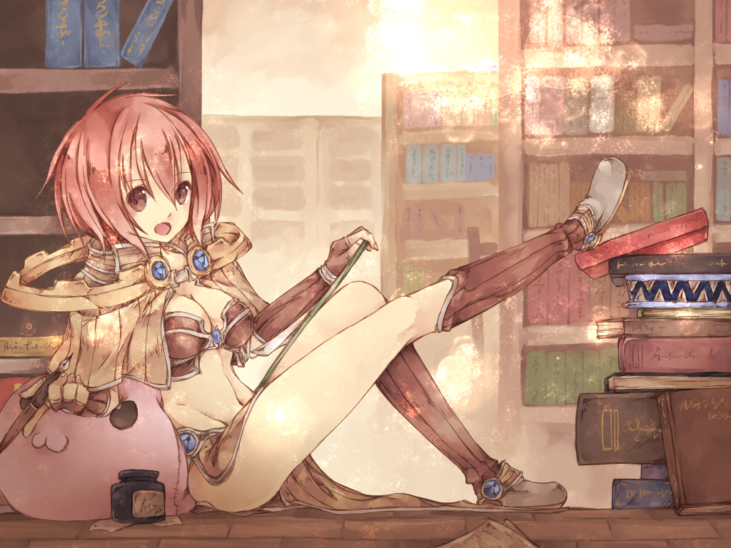 1girl, :3, book, book_stack, bookshelf, boots, bra, breasts