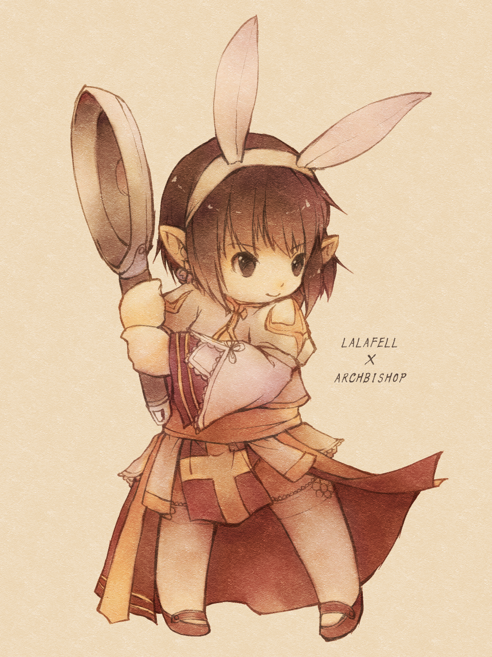 1girl, arch_bishop_(ragnarok_online), brown_eyes, brown_hair, brown_shoes, closed_mouth, commentary_request, crossover, dress, final_fantasy, final_fantasy_xiv, frying_pan, full_body, hairband, highres, holding, holding_frying_pan, lalafell, looking_afar, lunaraven, mary_janes, pointy_ears, ragnarok_online, red_dress, sash, shoes, short_hair, simple_background, smile, solo, thighhighs, two-tone_dress, warrior_of_light_(ff14), white_dress, white_hairband, white_thighhighs, yellow_sash