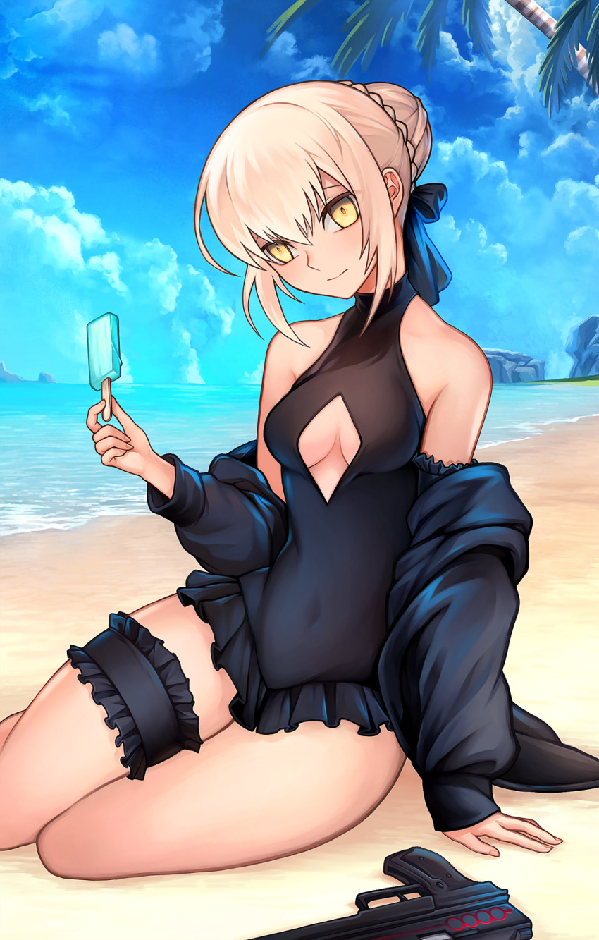 1girl, artoria_pendragon_(fate), bad_id, bad_pixiv_id, bare_shoulders, beach, black_jacket, black_one-piece_swimsuit