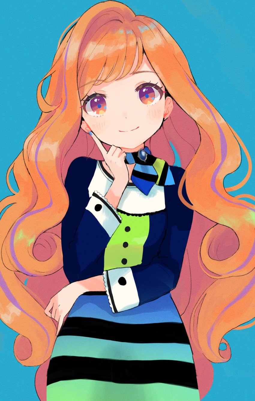 1girl, aikatsu!_(series), aikatsu_planet!, blue_background, highres, long_hair, multicolored_eyes, multicolored_hair, ogura_(onigiritakusan), orange_hair, sala_(aikatsu_planet!), simple_background, smile, solo, very_long_hair