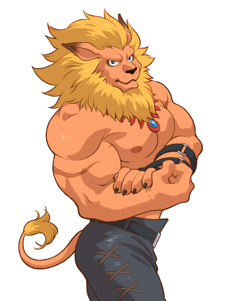 1boy, animal_ears, bara, biceps, black_pants, blonde_hair, blue_eyes, brown_fur