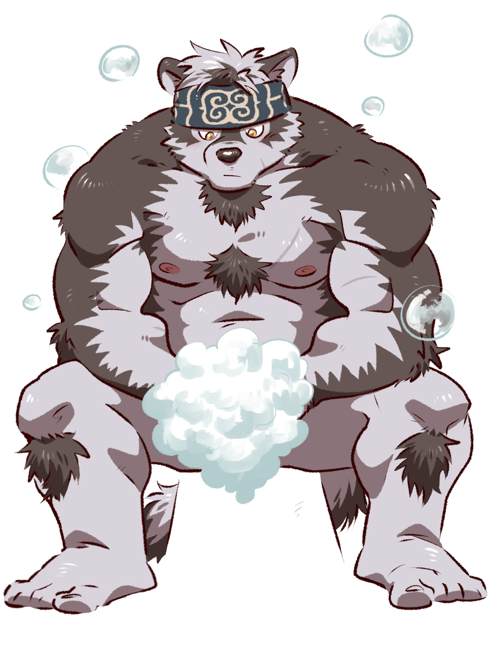 1boy, ainu, ainu_clothes, animal_ears, bara, bathing, bubble, chest_hair