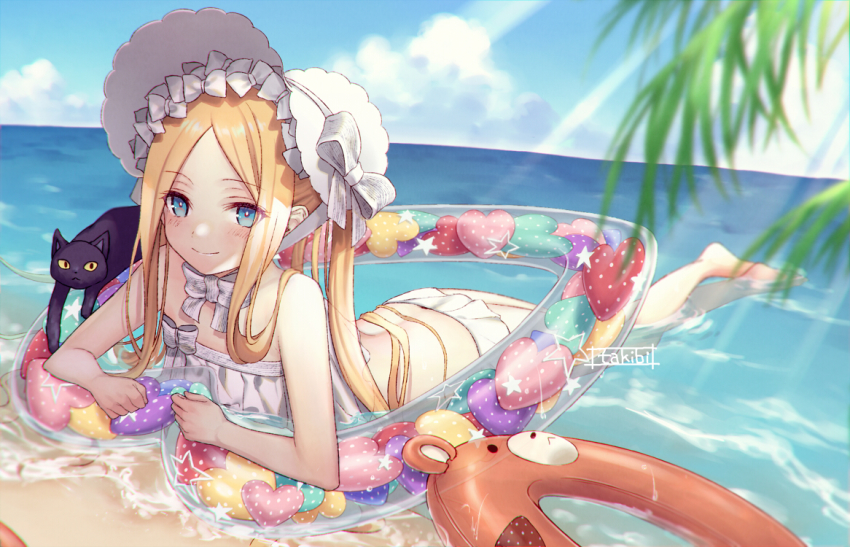 1girl, abigail_williams_(fate), abigail_williams_(swimsuit_foreigner)_(fate), abigail_williams_(swimsuit_foreigner)_(third_ascension)_(fate), ass, bare_shoulders, beach, bikini, black_cat, blonde_hair, blue_eyes, blue_sky, bonnet, bow, braid, braided_hair_rings, breasts, butt_crack, cat, fate/grand_order, fate_(series), forehead, hair_bow, hair_rings, innertube, long_hair, lying, miniskirt, on_stomach, parted_bangs, shore, sidelocks, skirt, sky, small_breasts, smile, swim_ring, swimsuit, takibixt, twin_braids, twintails, very_long_hair, white_bikini, white_bow, white_headwear