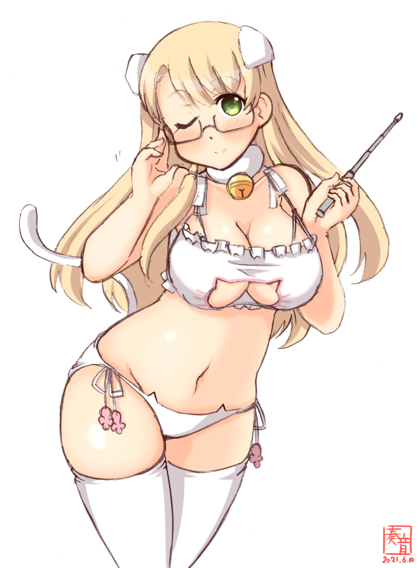 1girl, alternate_costume, artist_logo, baton, bell, blonde_hair, bra, breasts