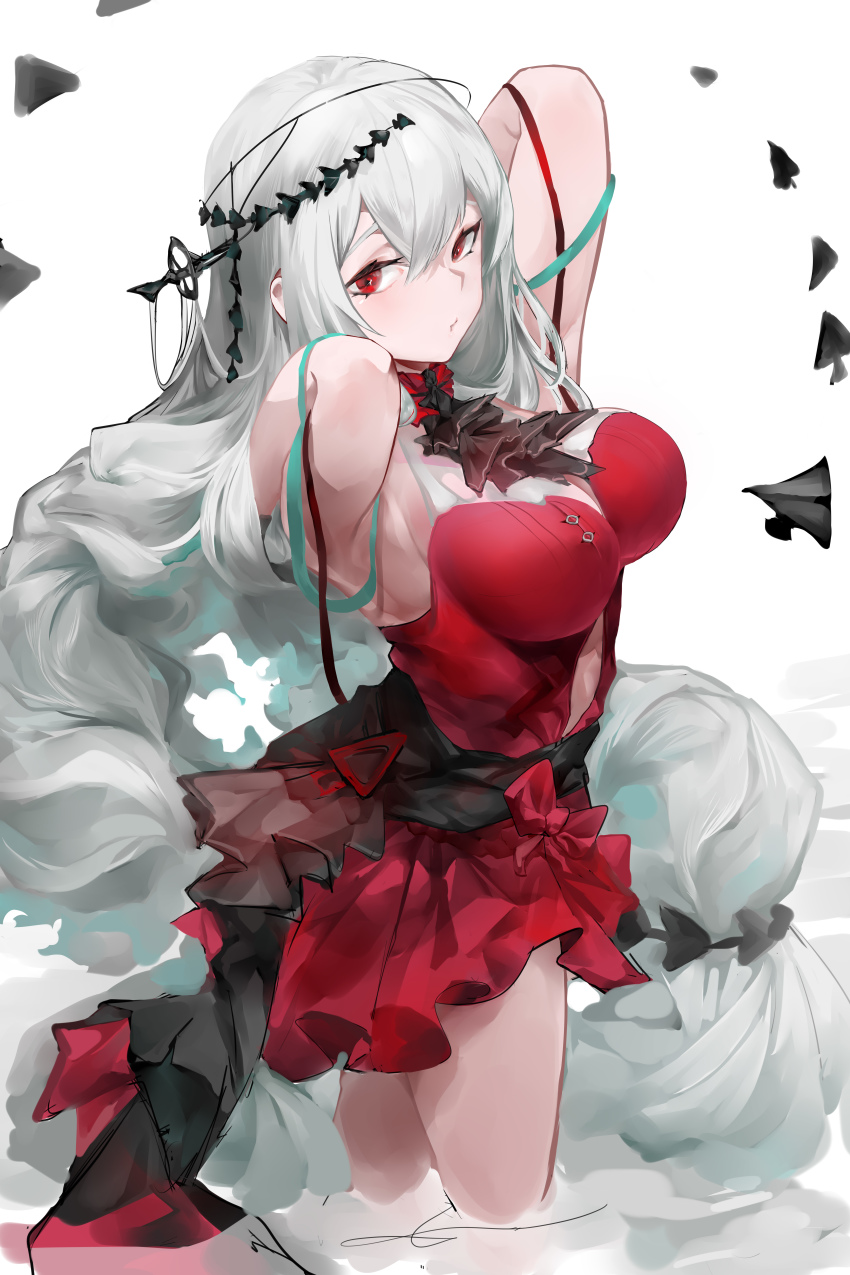 1girl, absurdres, arknights, armpits, arms_behind_back, ascot, bare_legs, bare_shoulders