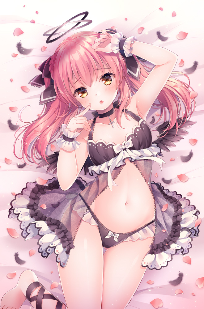 1girl, :o, arm_up, armpits, babydoll, bare_shoulders, barefoot, bed_sheet, black_bow, black_feathers, black_panties, black_wings, blush, bow, bow_panties, braid, breasts, brown_eyes, commentary_request, datenchi_yua, feathered_wings, feathers, frilled_panties, frills, hair_between_eyes, hair_bow, halo, indie_virtual_youtuber, long_hair, looking_at_viewer, lying, navel, nemuri_nemu, on_back, panties, parted_lips, petals, pink_hair, small_breasts, solo, twintails, underwear, underwear_only, virtual_youtuber, white_bow, wings, wrist_cuffs