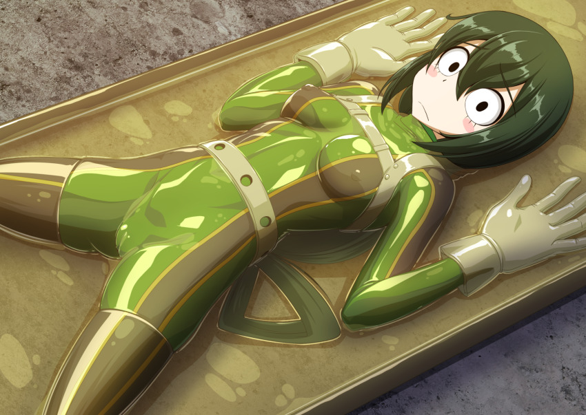 1girl, asui_tsuyu, bdsm, belt, black_eyes, blush_stickers, bodysuit, boku_no_hero_academia, bow-shaped_hair, commentary_request, covered_erect_nipples, frown, gloves, green_bodysuit, green_hair, hair_rings, harness, highres, latex, long_hair, looking_at_viewer, lying, on_back, restrained, sanpaku, see-through_clothes, skin_tight, solo, tamakko, vacuum_bed