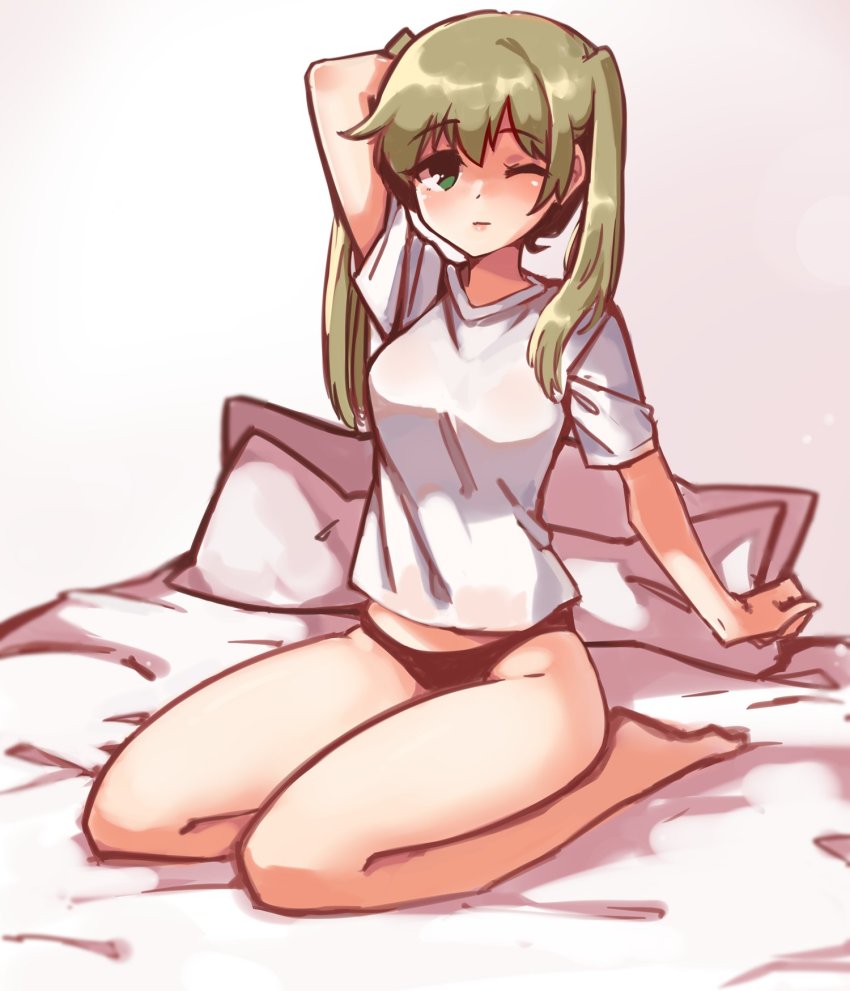 1girl, ayanobro, black_panties, blonde_hair, green_eyes, highres, maka_albarn, no_pants