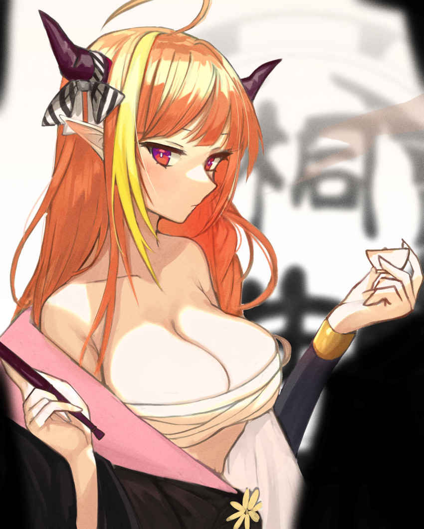1girl, ahoge, alternate_costume, bandages, bare_shoulders, black_kimono, blonde_hair, blunt_bangs, blurry, blurry_background, bow, breasts, bright_pupils, choko_(cup), cleavage, closed_mouth, collarbone, commentary, cup, diagonal-striped_bow, dragon_girl, dragon_horns, emblem, english_commentary, expressionless, eyebrows_hidden_by_hair, furai_sen, hands_up, highres, holding, holding_cup, holding_smoking_pipe, hololive, horn_bow, horn_ornament, horns, japanese_clothes, kimono, kiryu_coco, kiseru, large_breasts, light_blush, long_hair, long_sleeves, looking_at_viewer, multicolored_eyes, multicolored_hair, off_shoulder, orange_hair, pointy_ears, purple_eyes, red_eyes, sarashi, sidelocks, smoking_pipe, solo, standing, streaked_hair, striped_bow, upper_body, virtual_youtuber, white_pupils, yukata