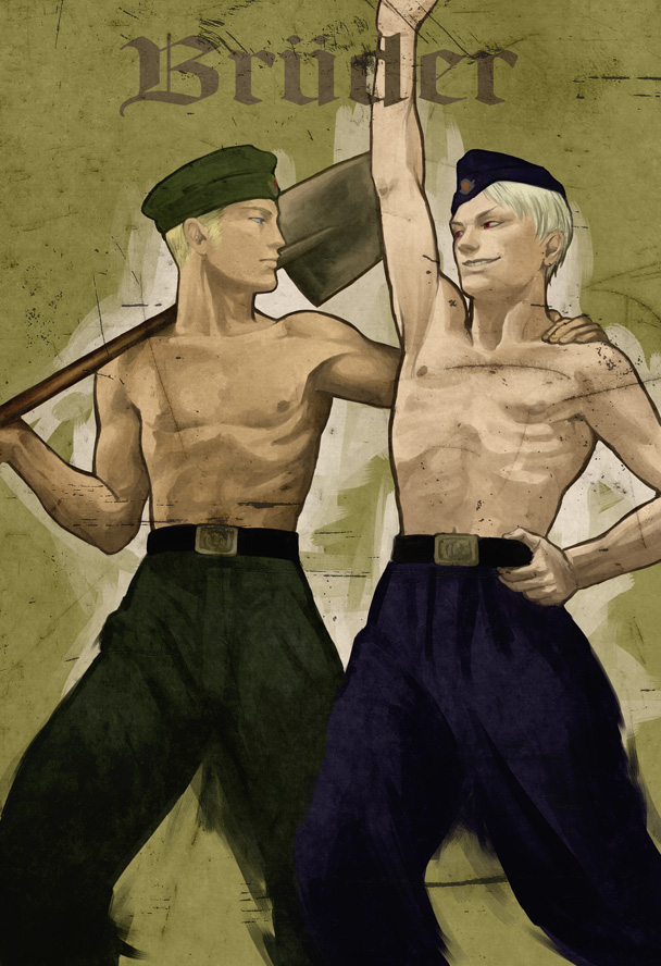 2boys, axis_powers_hetalia, belt, blonde_hair, blue_eyes, brothers, garrison_cap, germany_(hetalia)