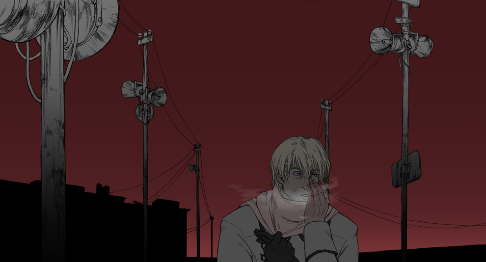 00s, 1boy, axis_powers_hetalia, blonde_hair, breath, cityscape, cold, gloves