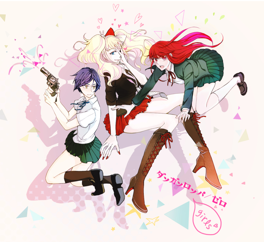 3girls, alternate_form, black_hair, blonde_hair, blue_eyes, blue_ribbon, boots, bow