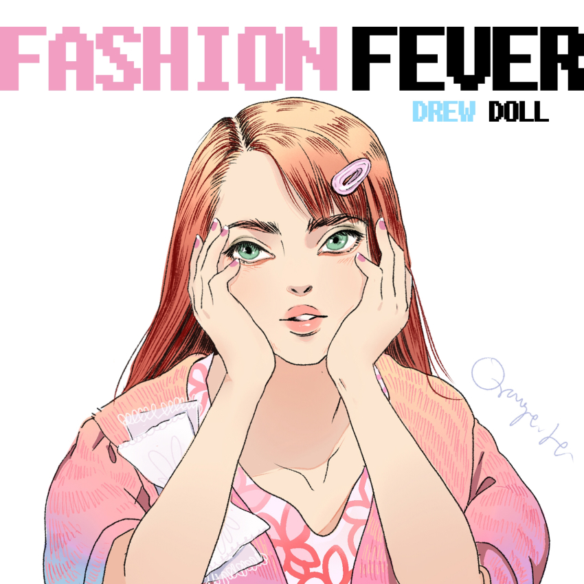 1girl, barbie_(franchise), barette, blonde_hair, bow, character_name, copyright_name, doll, drew_(barbie), fashion, fashion_fever_barbie_(toyline), floral_dress, floral_print, green_eyes, hair_ornament, hands_on_own_cheeks, hands_on_own_face, highres, jacket, logo, nail_polish, orange._h, orange_hair, pink_jacket, pink_lips, pink_nails, portrait, pouty_lips, red_hair, solo, tie-dye, upper_body