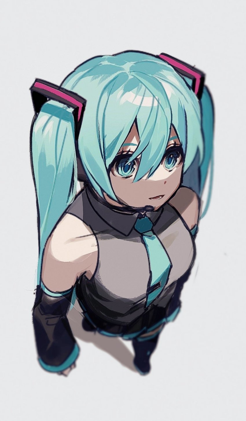 1girl, aqua_eyes, aqua_hair, aqua_necktie, bare_shoulders, black_skirt, black_sleeves, black_thighhighs, commentary, detached_sleeves, english_commentary, foreshortening, from_above, grey_shirt, hair_ornament, hatsune_miku, headphones, headset, highres, light_smile, long_hair, mp_(im_kaito_ice), necktie, open_mouth, pleated_skirt, shadow, shirt, skirt, sleeveless, sleeveless_shirt, solo, thighhighs, twintails, very_long_hair, vocaloid, walking
