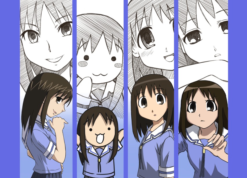 azumanga_daiou, brown_hair, highres, kasuga_ayumu, matsuoka_yuki, morichan, nyoro~n, parody, school_uniform, serafuku, style_parody, voice_actor_connection