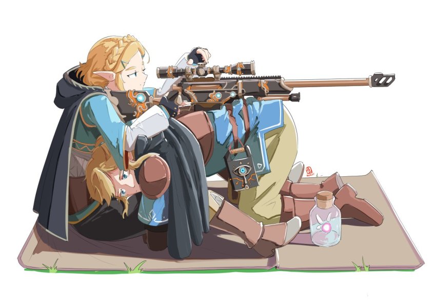 1boy, 1girl, automatic_giraffe, blonde_hair, blue_eyes, blue_shirt, boots, bottle, braid, capelet, crown_braid, fairy, fingerless_gloves, gloves, gun, human_bipod, lap_pillow, link, meme, nintendo, pointy_ears, princess_zelda, rifle, shirt, sidelocks, sniper_rifle, the_legend_of_zelda, the_legend_of_zelda:_breath_of_the_wild, the_legend_of_zelda:_tears_of_the_kingdom, weapon