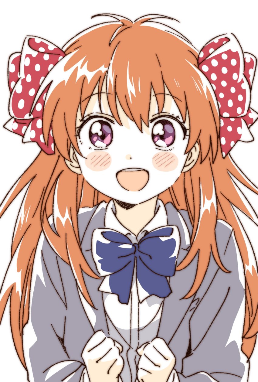 1girl, :d, blazer, blue_bow, blush_stickers, bow, bowtie, clenched_hands